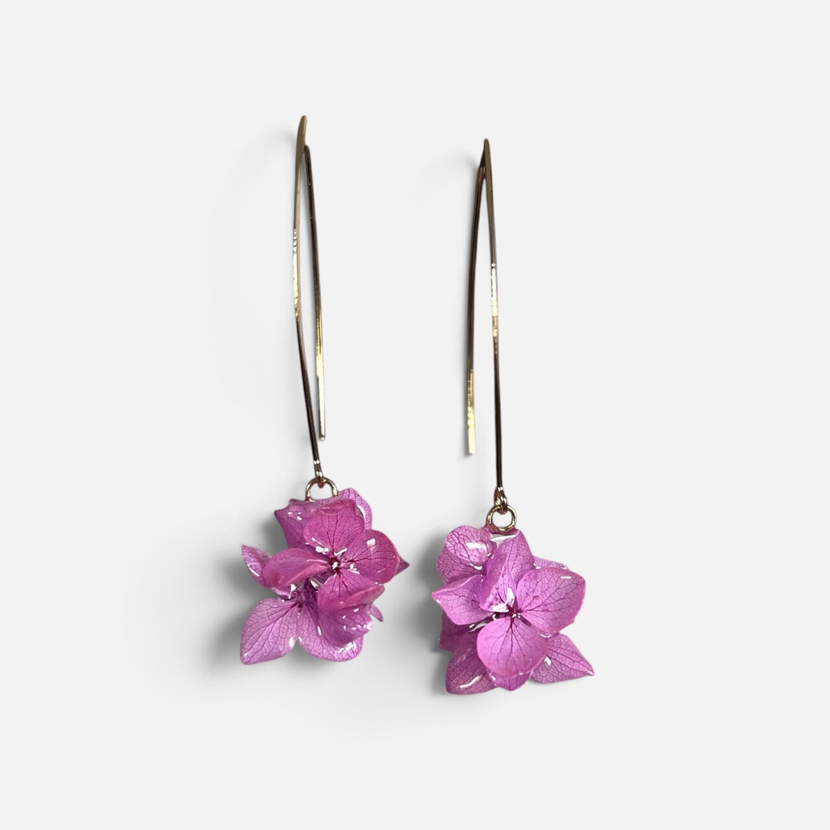 ORECCHINI LUNGHI CON FIORI VERI DI ORTENSIA ROSA
