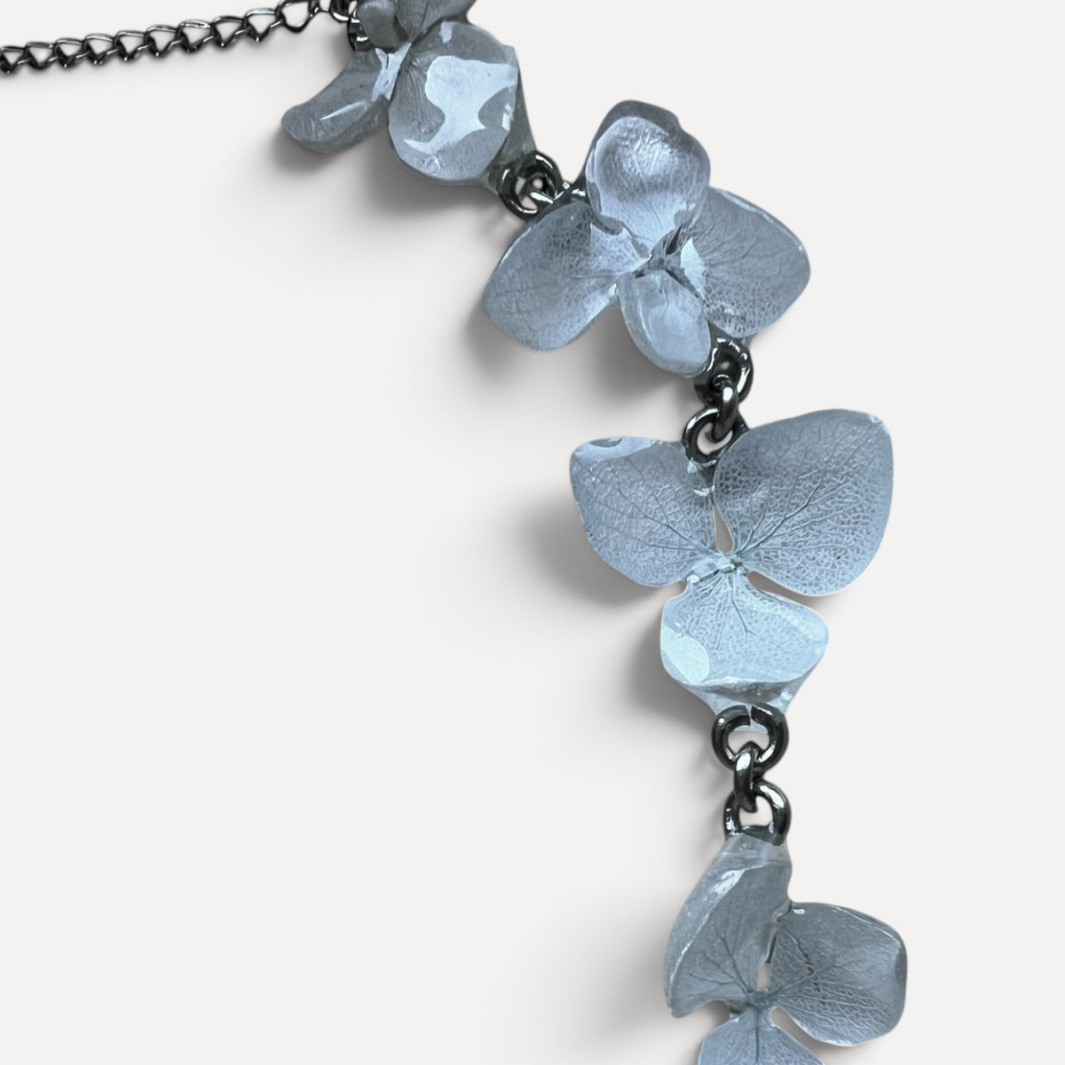 COLLANA GIROCOLLO CON FIORI VERI DI ORTENSIE CELESTI