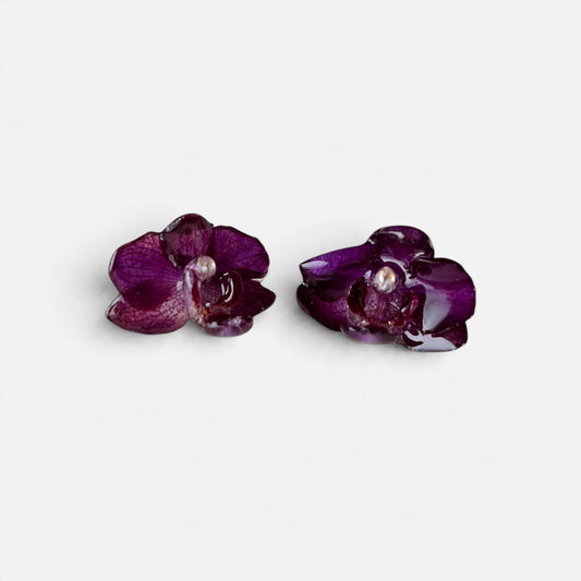 ORECCHINI BOTTONCINO CON FIORI VERI DI ORCHIDEA VIOLA