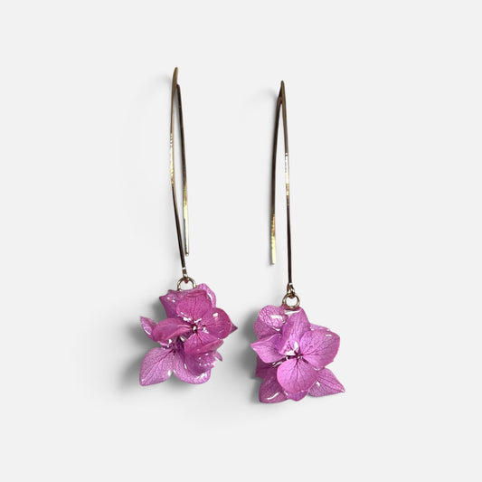 ORECCHINI LUNGHI CON FIORI VERI DI ORTENSIA ROSA