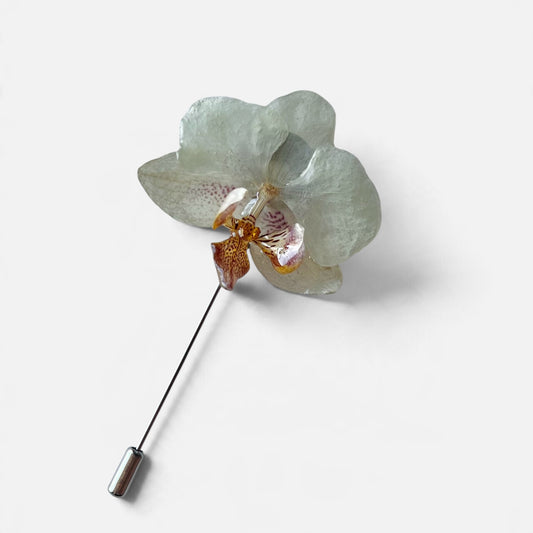 SPILLA IN ACCIAIO CON FIORE DI ORCHIDEA BIANCA VERA